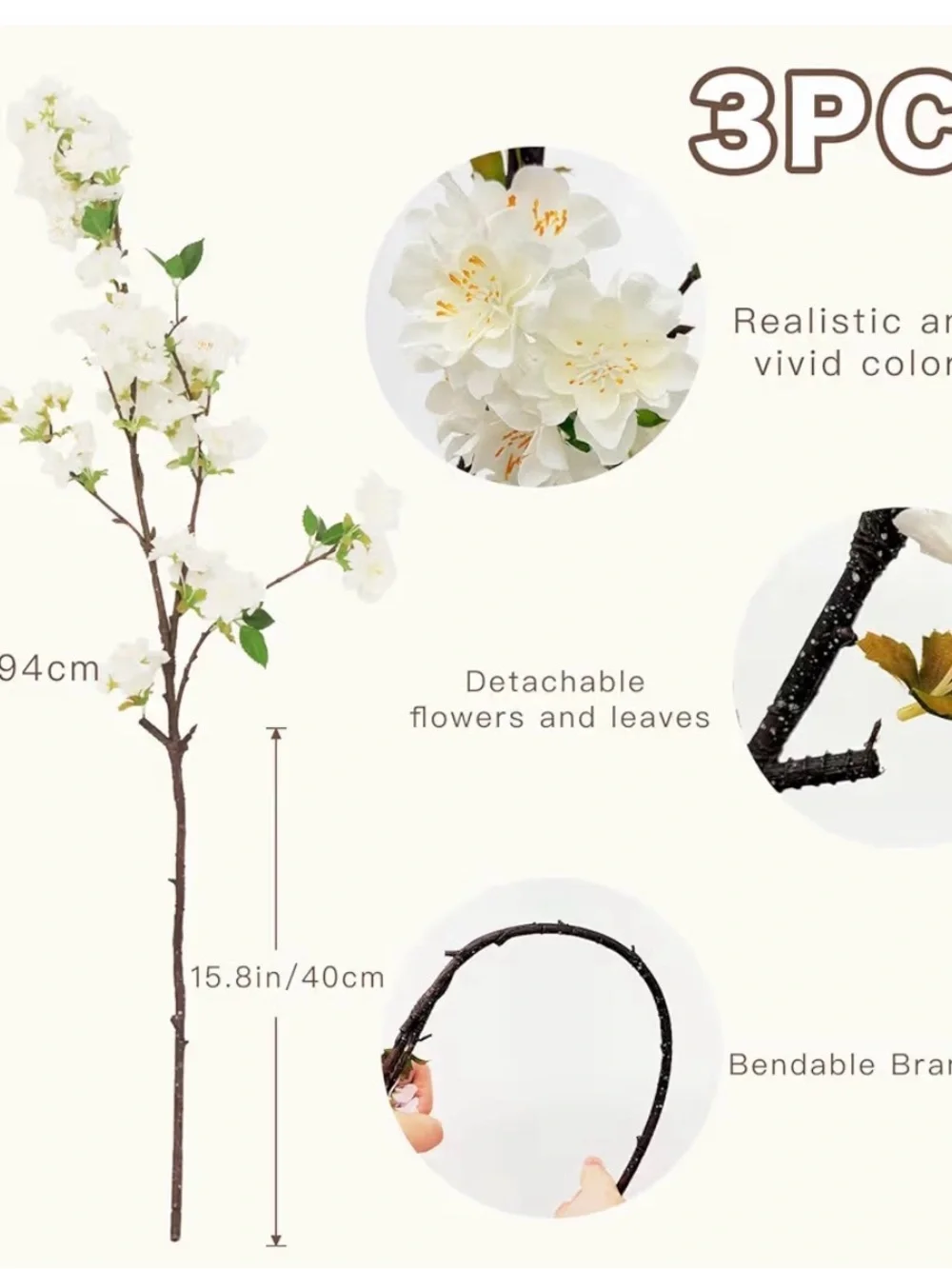 White Artificial Cherry Blossom stems. Senjie 3 pcs/stems. New!